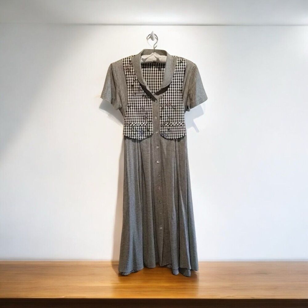 80s Vintage EXPO Petite Midi‎ Blk Ivory Check Dress 6P Cottagecore Modest A-Line